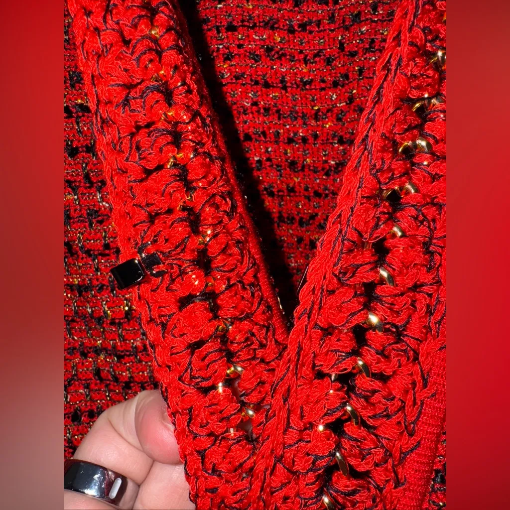 Misook Cardigan Womens XL Petite Red Sweater‎ Open Jacket Holiday Gold Tweed - Image 2