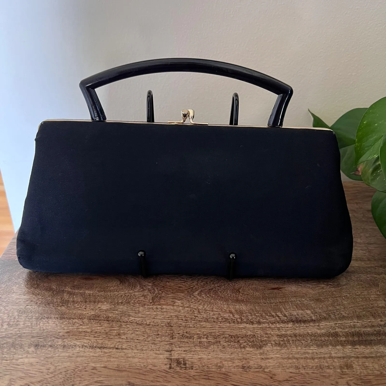 Vintage HL Black Handbag Top Handle Gold Frame Structured Clutch Purse Formal - Image 6