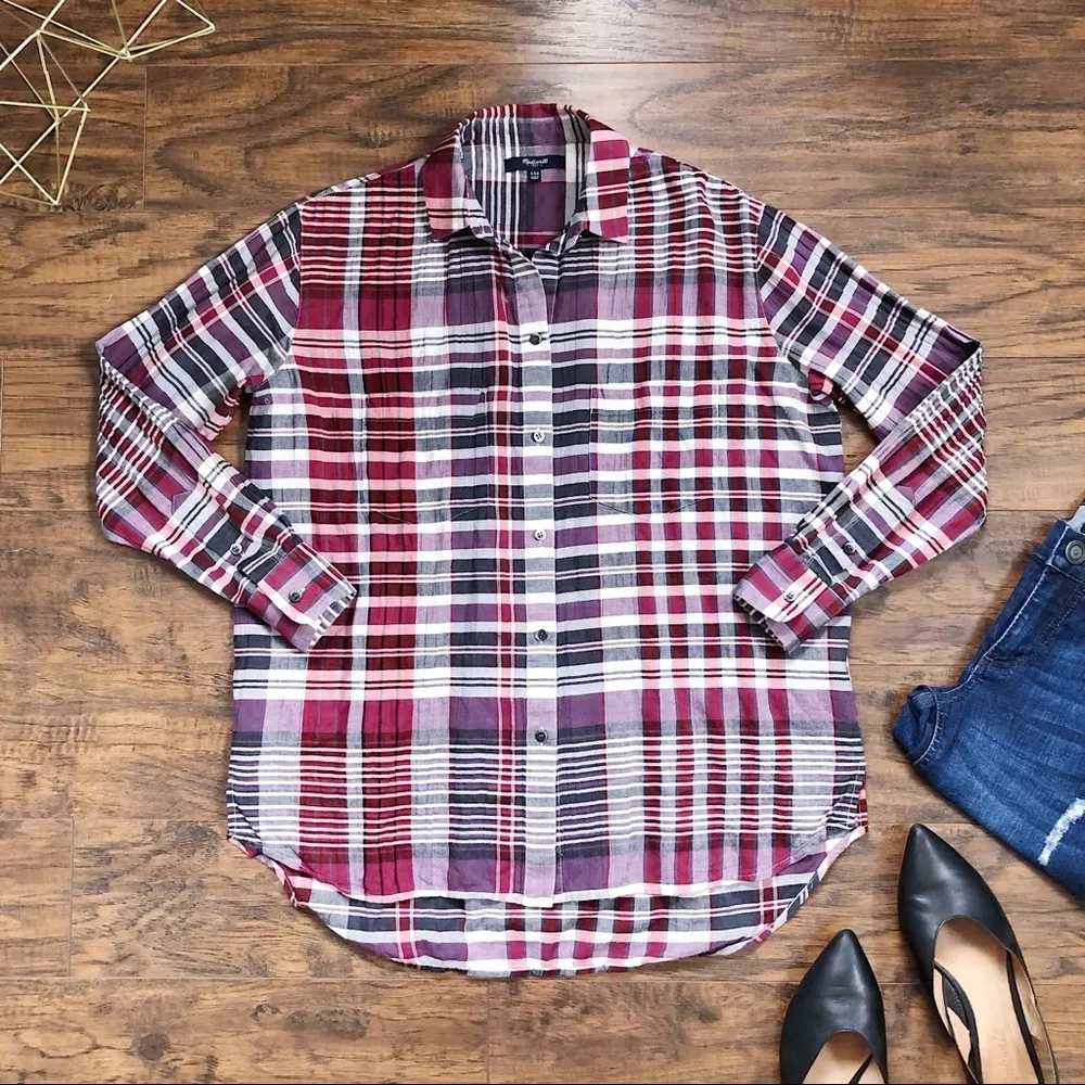 Madewell • oversized boyshirt Kenwood Plaid buttondown shirt burgundy cotton XXS - Image 2