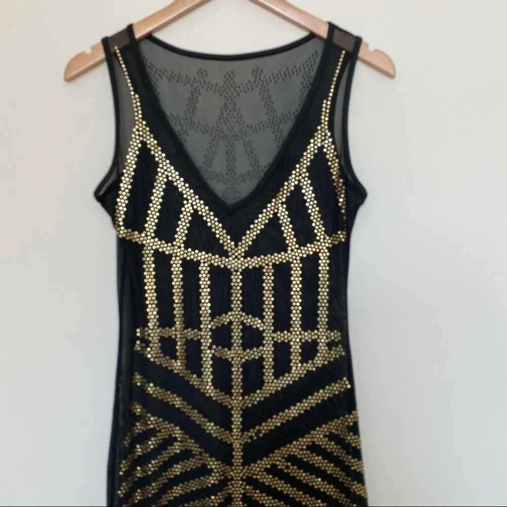Black and gold sheer mesh V neck sleeveless rhinestone studded mini dress M Size M - Image 3