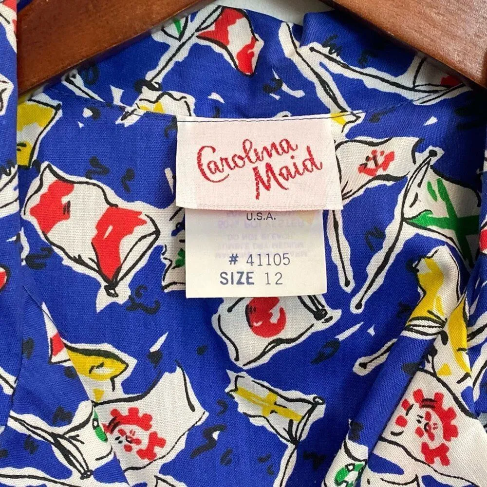 70s Vintage Carolina Maid Sz 12 Novelty Flags Print Belted MIDI Dress Blue - Image 2