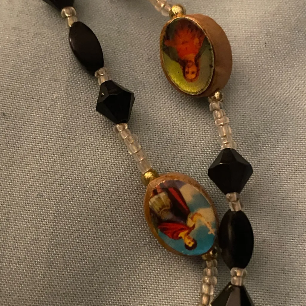 Rosary Necklace Silver Cross Black & Wood Photo Beads 20” Long - Image 4