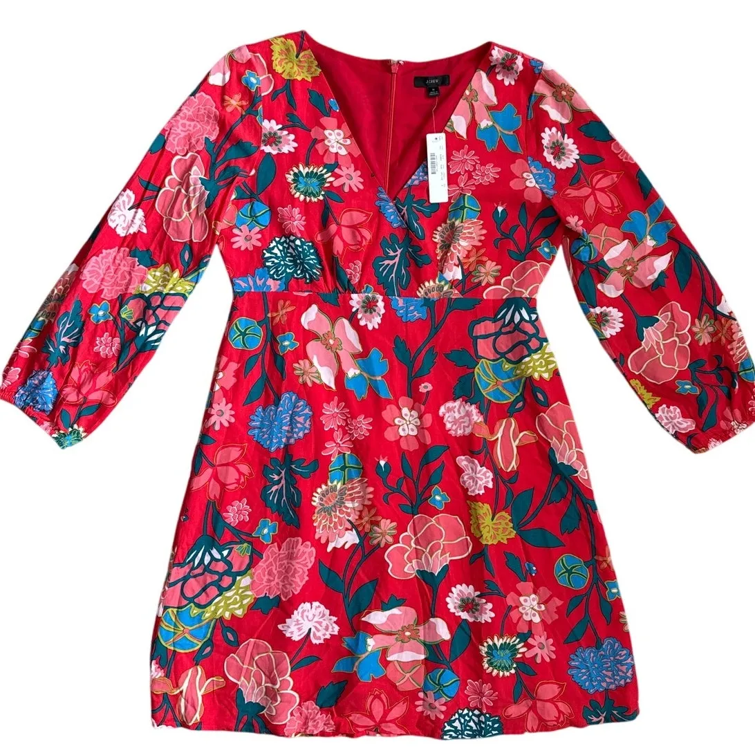 J. Crew Retro-Vibe Floral V-Neck Long Sleeve Red & Blue Mini Dress‎ Size 8 - Image 5