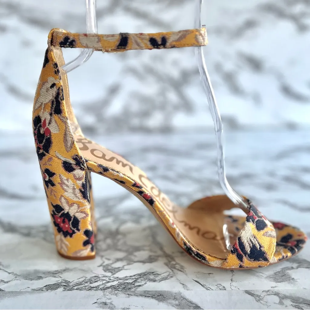 Sam Edelman Yaro Sandals Floral Jacquard Yellow Ankle Strap Block High Heels 9 - Image 10