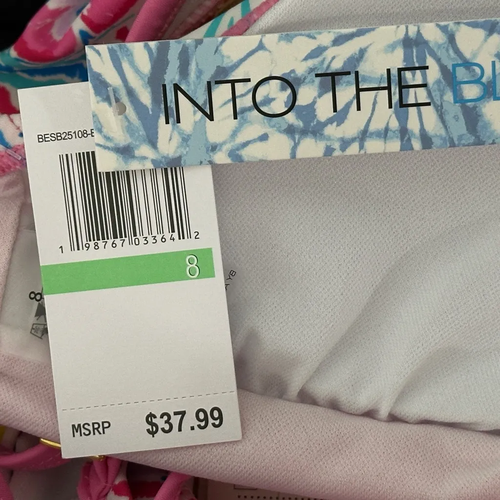 Into the Bleu by Amerex Pink/Blue Paisley Print Ruffle Neck Bra Swim Top NWT Blue Size 8 - Image 9