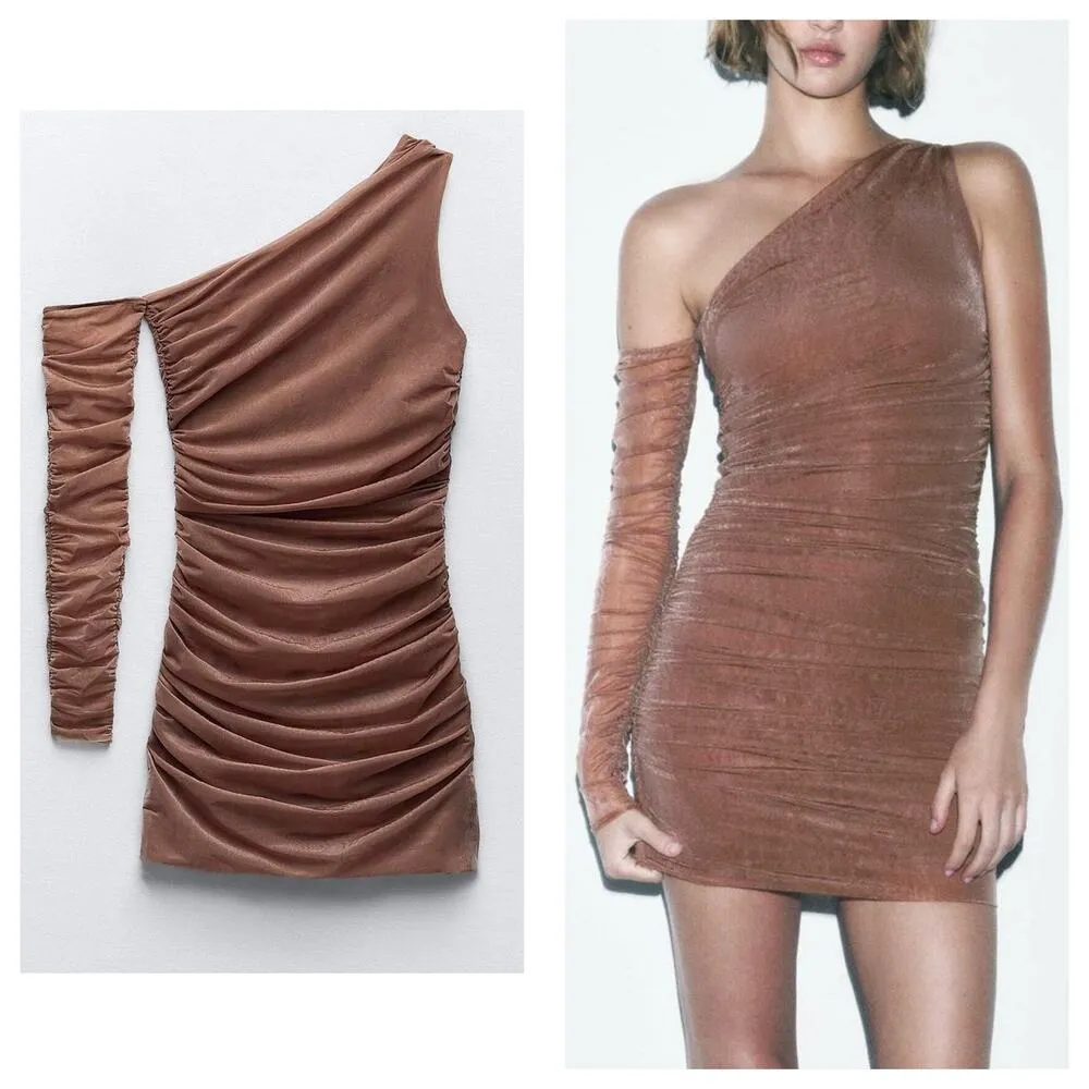 Zara Fitted Asymmetric Draped Organza Dress Medium One Sleeve Ruched Cocktail - Image 3