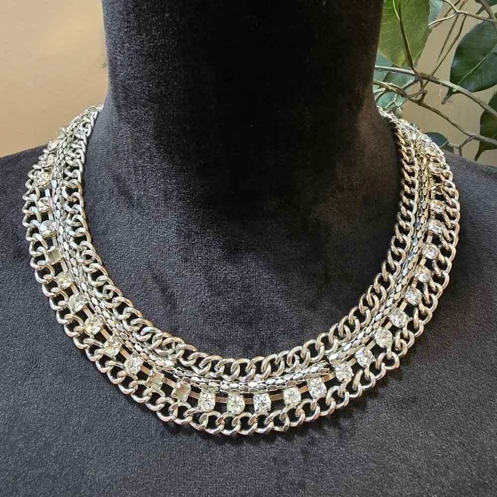 Chainmail Collar Necklace Silver Tone Rhinestone Chunky Statement Jewelry - Image 2