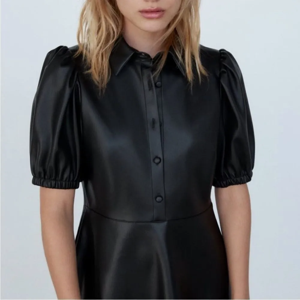 NWT ZARA Bloggers WOMAN FAUX LEATHER MINI DRESS PUFF SLEEVES Size S - Image 4