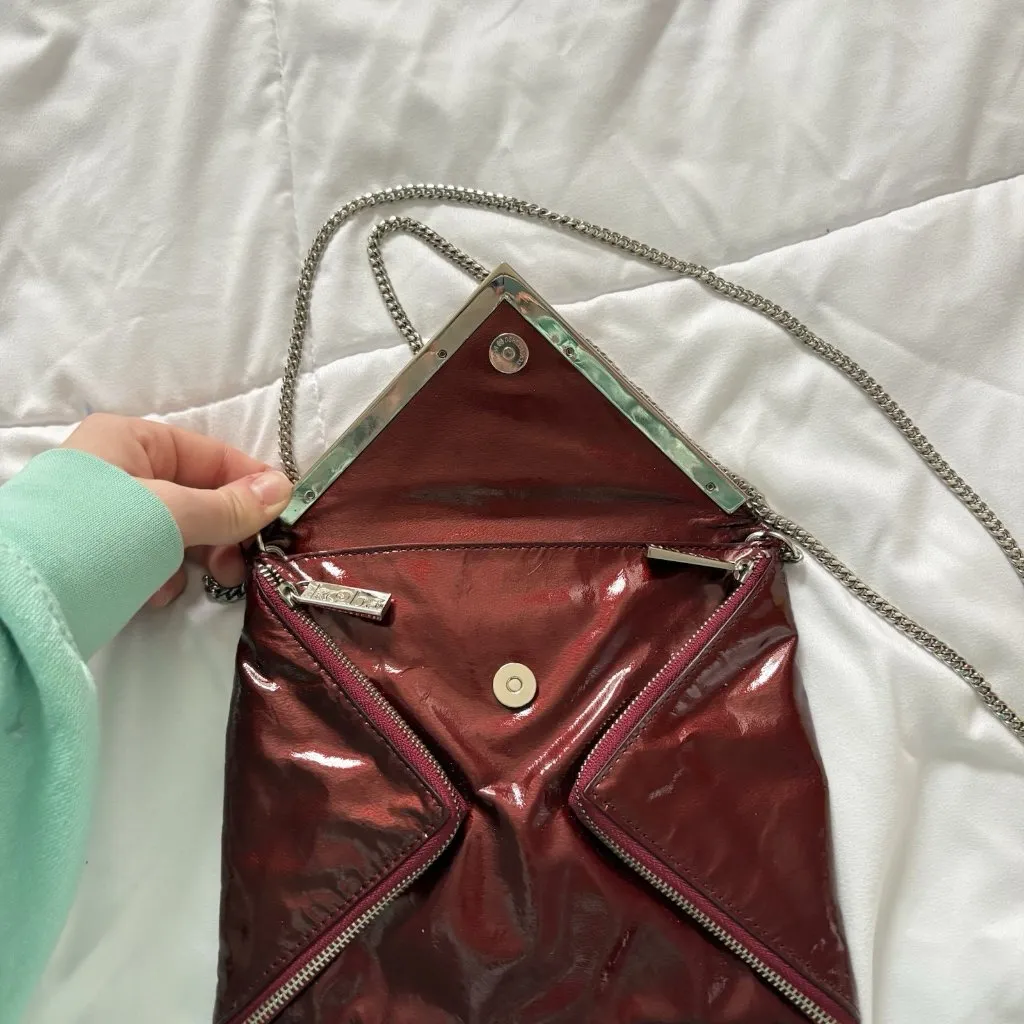KOOBA Envelope Style Patent Leather Clutch Crossbody Shoulder Chain Dark Red - Image 6