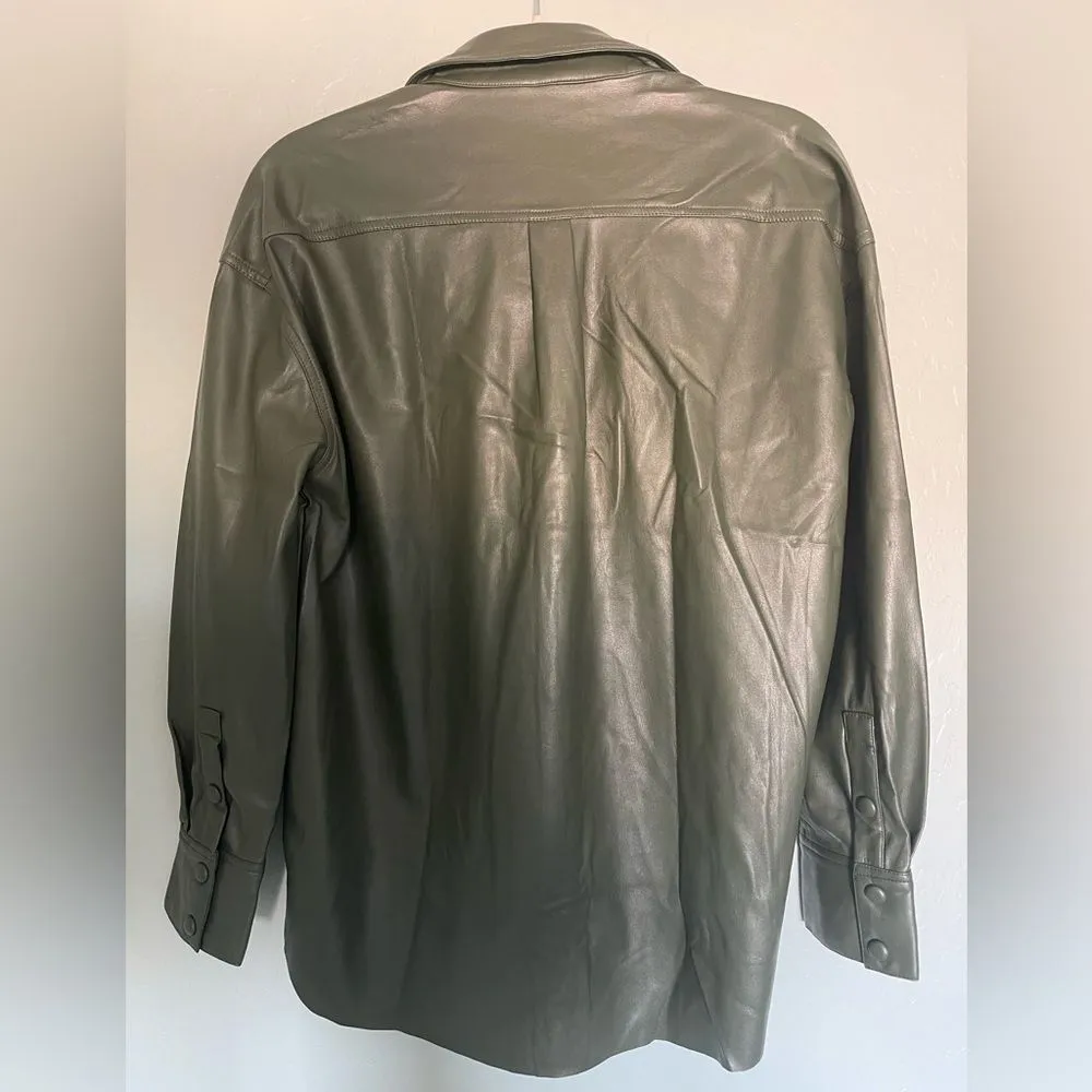 Lulus Vegan Leather Button-Up Oversized Shacket Army Green, XS - Image 3