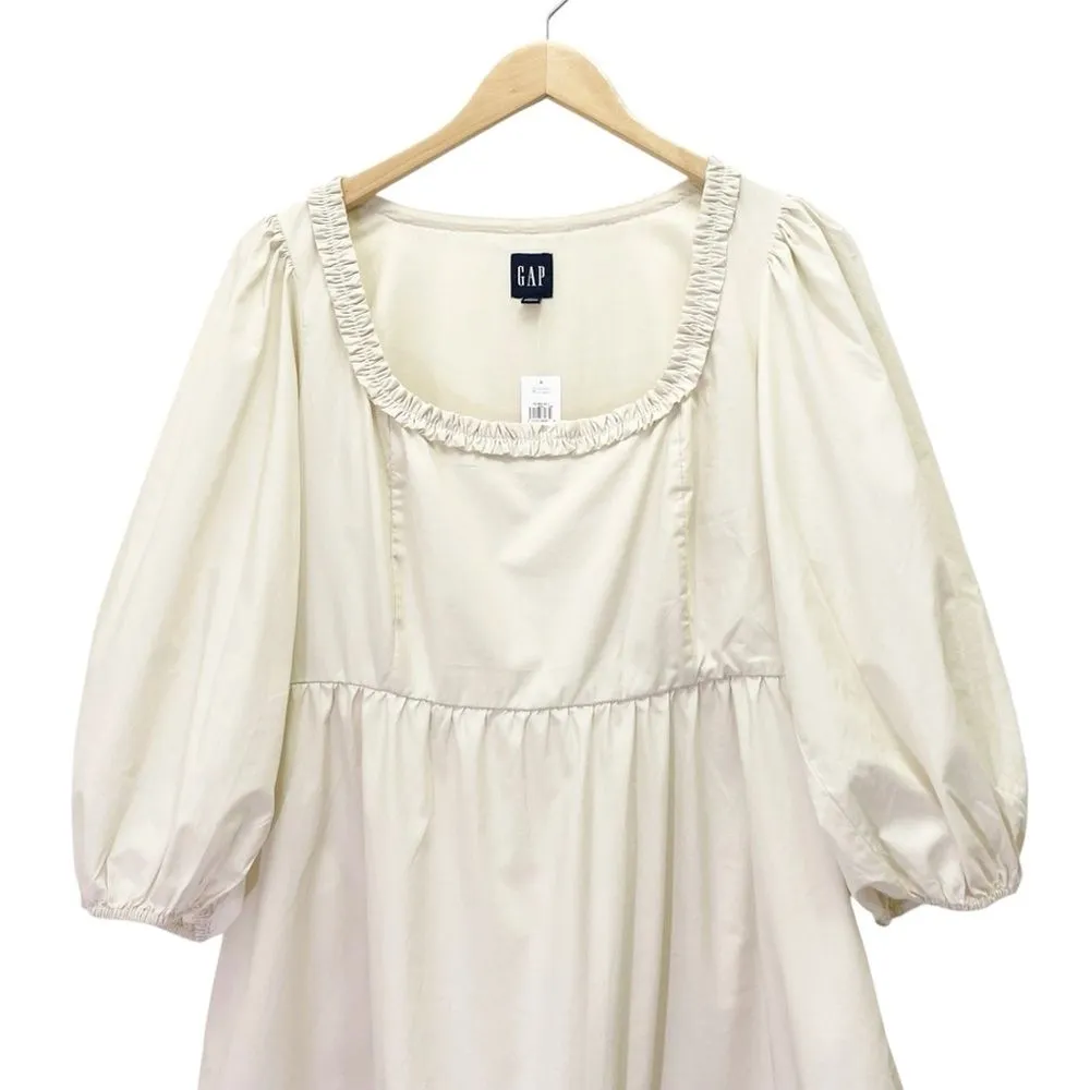 NWT GAP Puff Sleeve Ruffle Neck Mini Dress in Chino Beige Cream Cotton Size 4 - Image 9