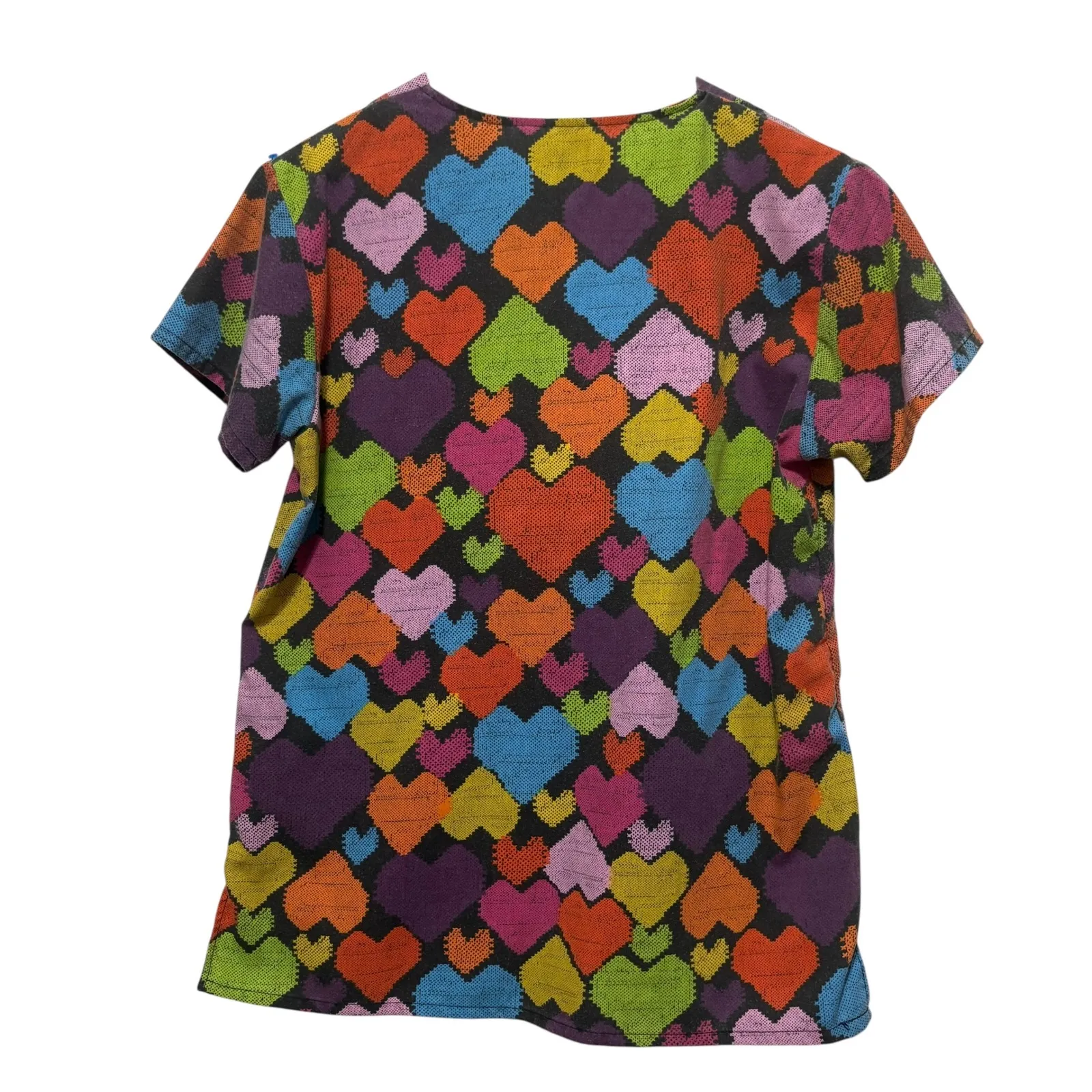 Just Love Women Scrub Top S Multicolor Heart Print Nurse Medical Uniform Pockets - Image 2