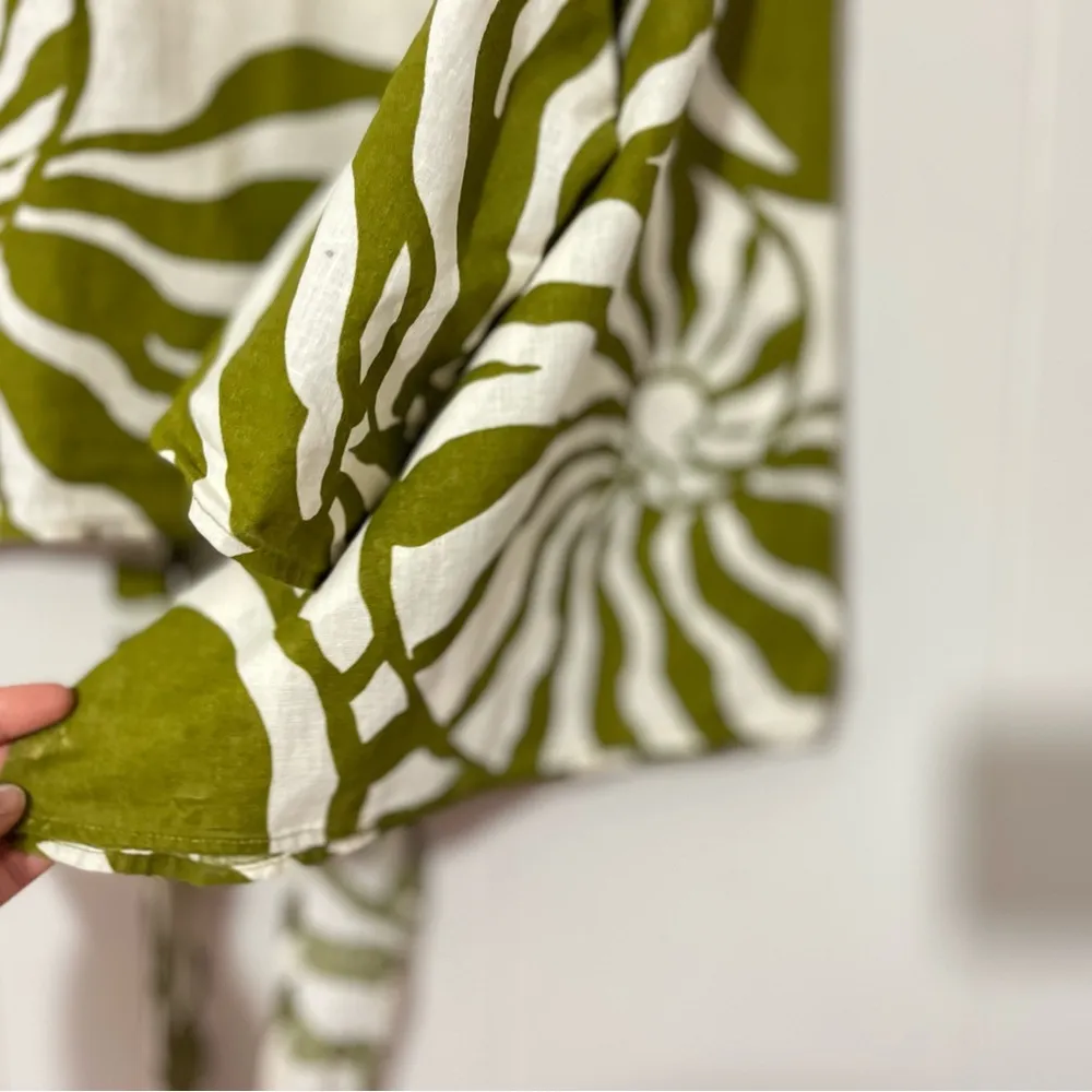 H&M  Linen Top Tie-Detail Womens Cream 3/4 Balloon Sleeve Button Front Size L - Image 7