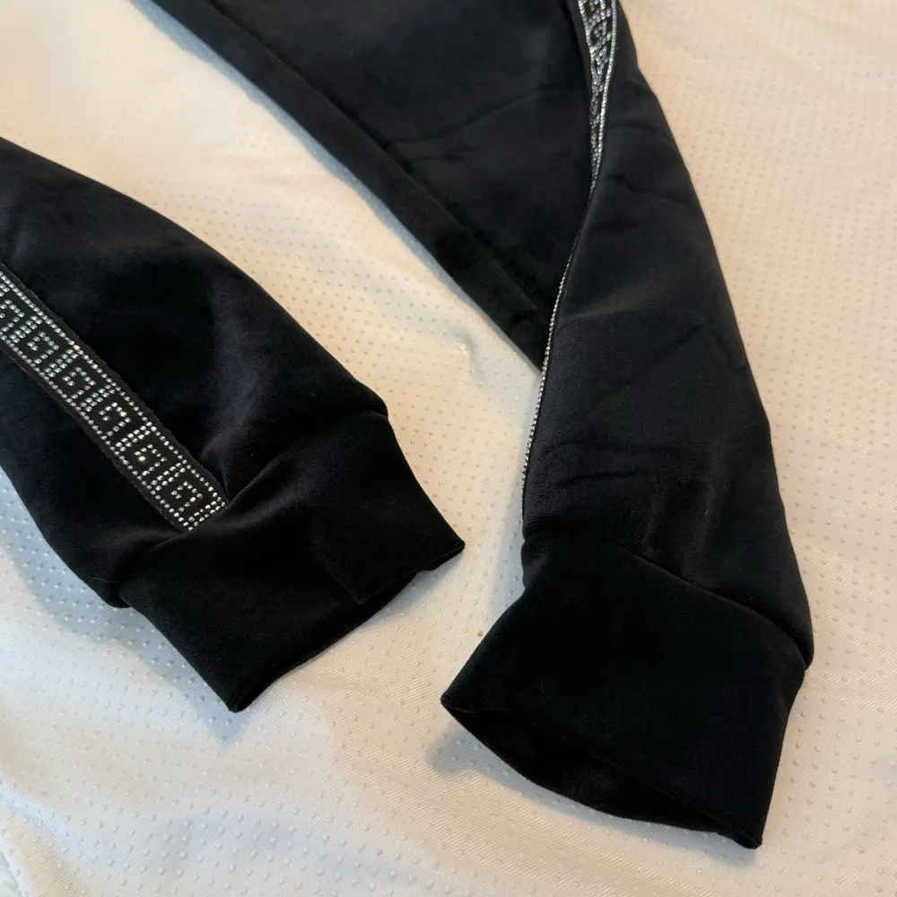 Black Velour Joggers Pants w/ Greek Key Rhinestone Design Stripe Size Small/Med - Image 10
