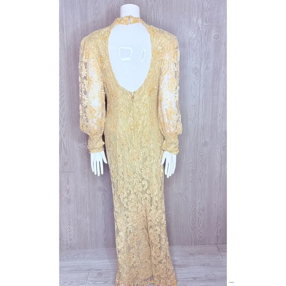 Vintage beaded sequin formal wedding dress tan cream high neck dress Size M - Image 16