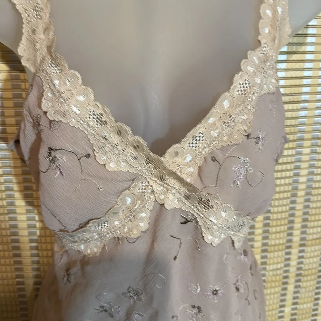 Rave Vintage 1990s Y2K Beige Floral Tank Top Ruffles Lace Trim Tie Belt Large Purple - Image 8