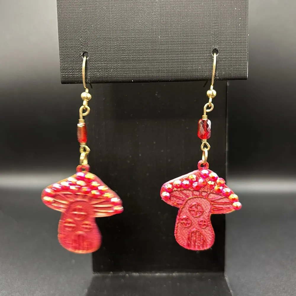 Handmade Red & Orange Cotton Mushroom Earrings - Image 2