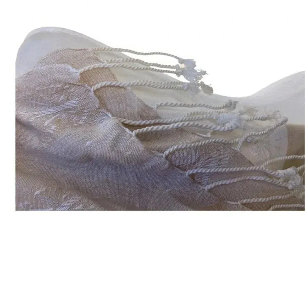 Textured Scarf Fringed Shawl Butterfly Design Neutral Cream 70 x 36 inch - Image 5