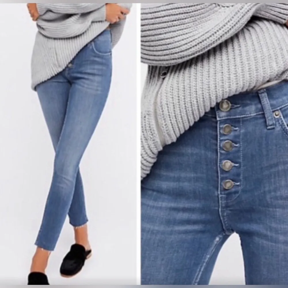 Free People Reagan Button Fly Raw Hem Ankle Blue Denim Skinny Jeans Size 28 - Image 6
