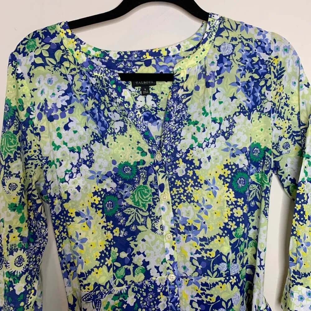 NWOT Talbots Sz 8 Floral Cotton Shirt Dress A Line Ruffled Blue Green Yellow - Image 8