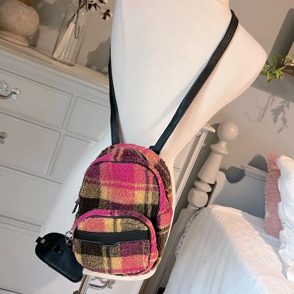 Pink Sherpa Plaid Crossbody Purse Multi section Backpack Womens Girls Travel Bag - Image 6