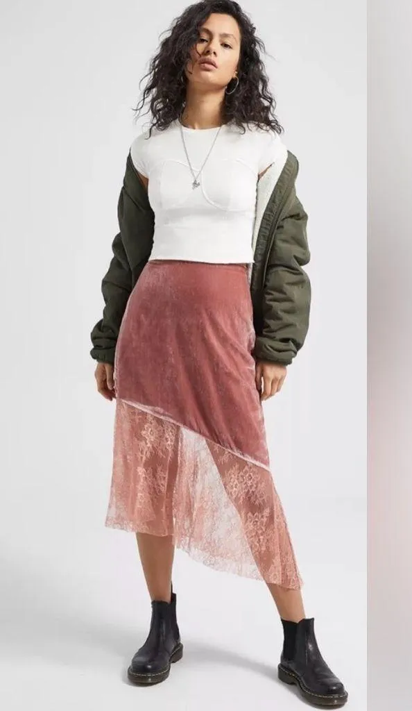 FREE PEOPLE Rose Lacey Midi Skirt Canyon Arroyo Pink Boho Lace Size 10 - Image 6