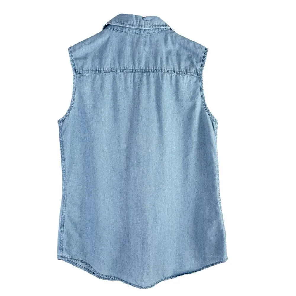 Per Se Button Up‎ Sleeveless Chambray Shirt 100% Cotton, Size Small - Image 6