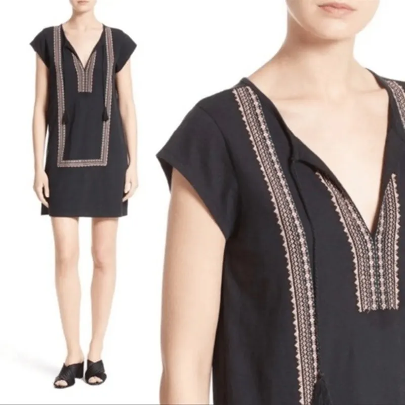 Joie Boho Embroidered T-Shirt Dress Womens Small Black Bohemian Peasant Tassel - Image 2
