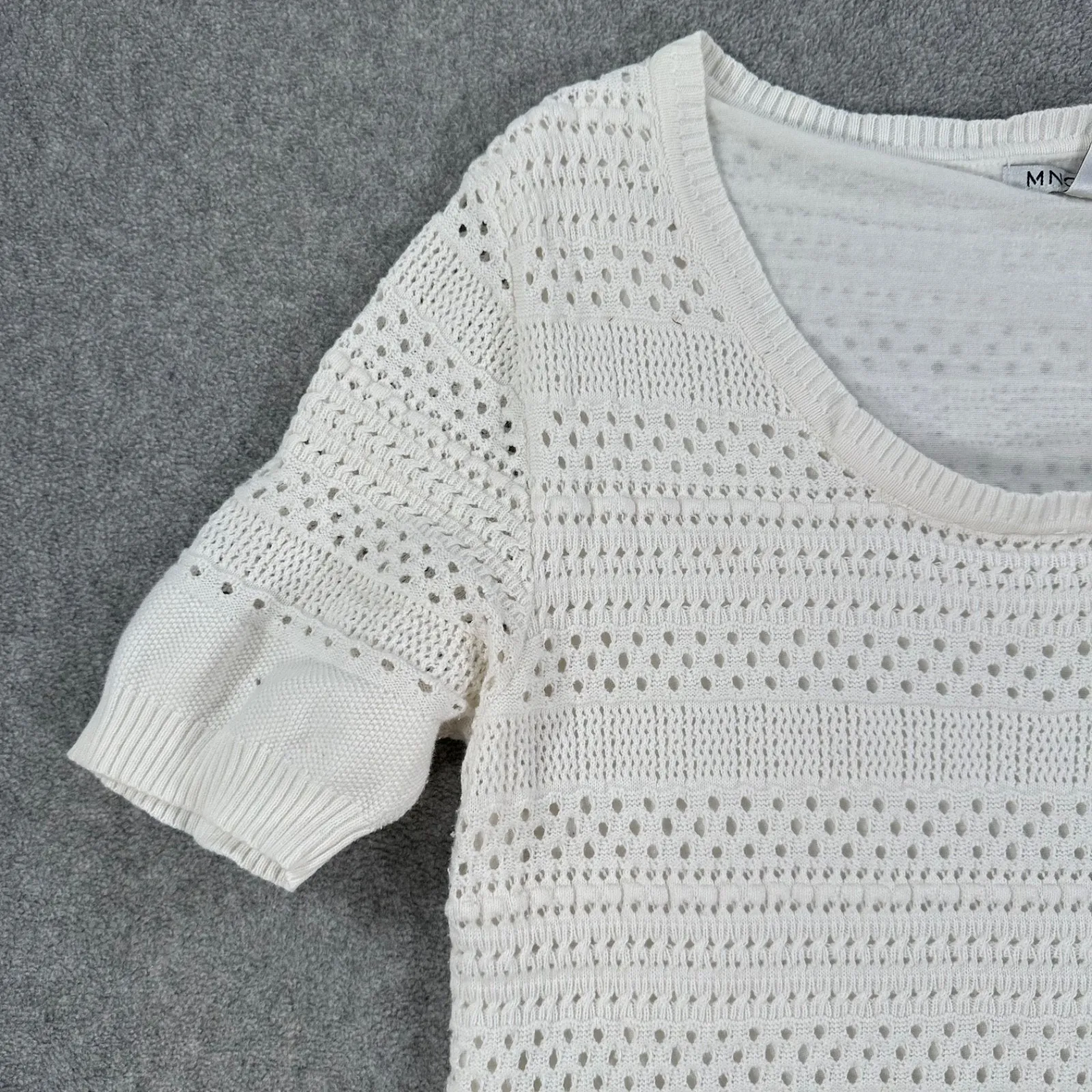 MNG Mango Crochet Knit Dress Size Large White Short Sleeve Scoop Neck Lined - Image 2