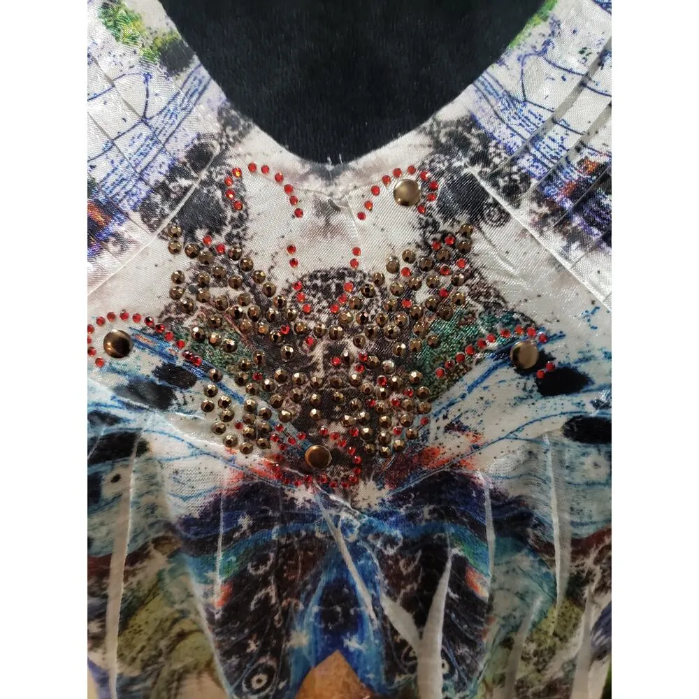 One World Live And Let Live Blouse Top Women Medium Multi Beaded Butterfly Print Gray - Image 12