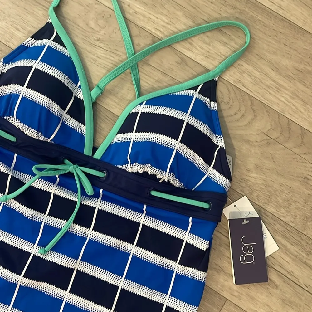 Blue navy white green bow Striped Tankini swim Top NWT checker sz large - Image 2