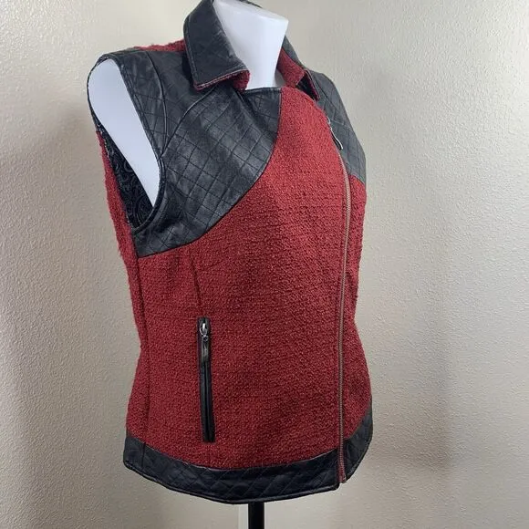 Women’s Red Black Full Zip Vest Sz L Wool Blend Faux Leather - Image 2