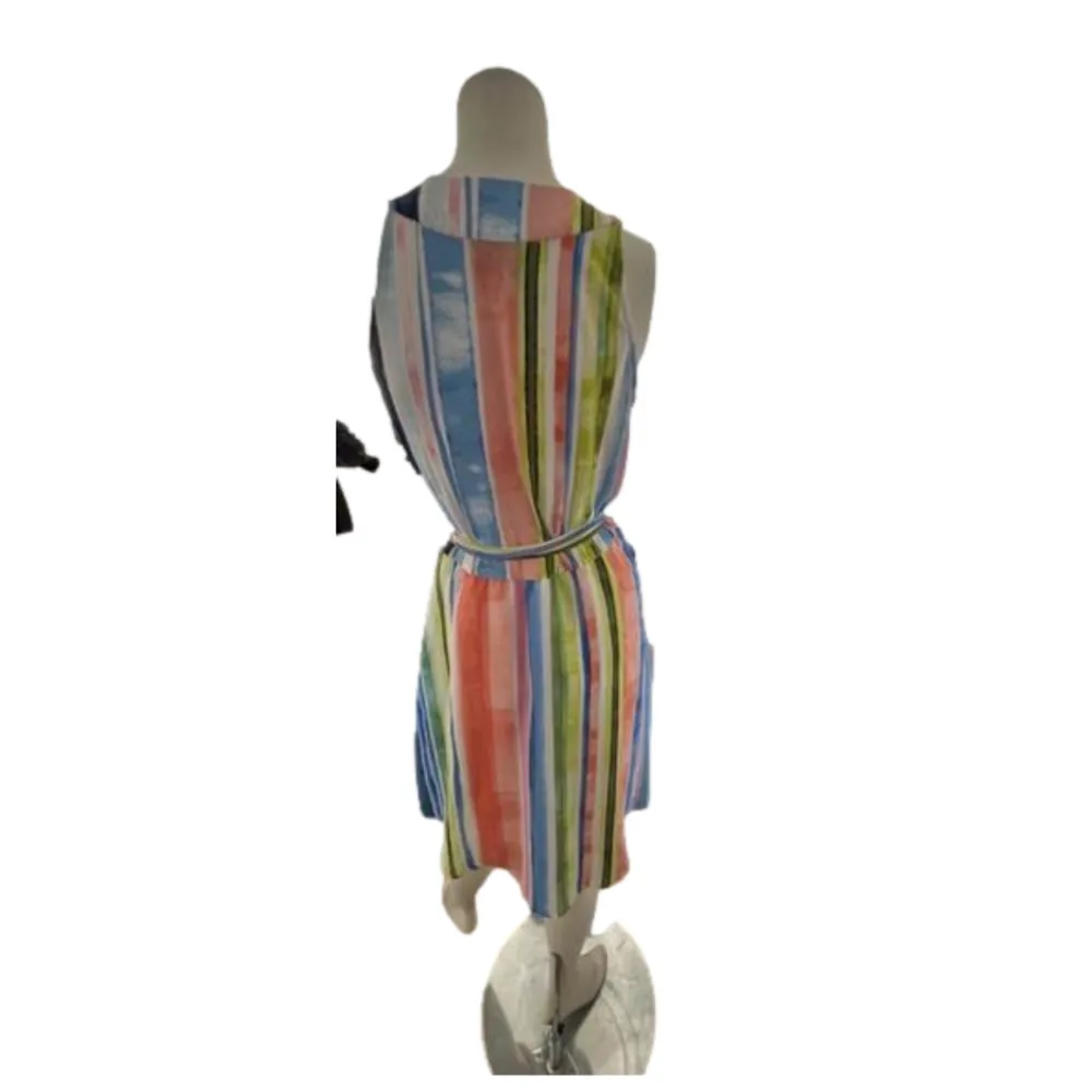 Beige by Eci French sleeveless watercolor pastel pink blue Striped Wrap Dress S - Image 2