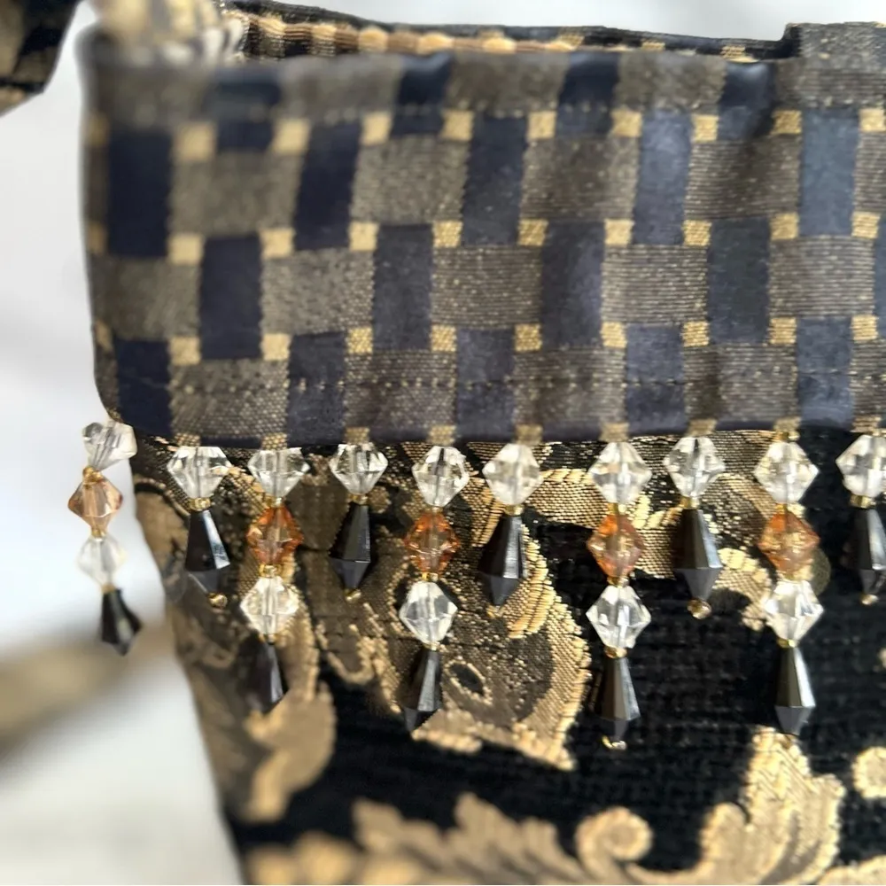Bag Crossbody Shoulder Artisan Brocade Black Gold Metallic Beaded Tapestry - Image 11