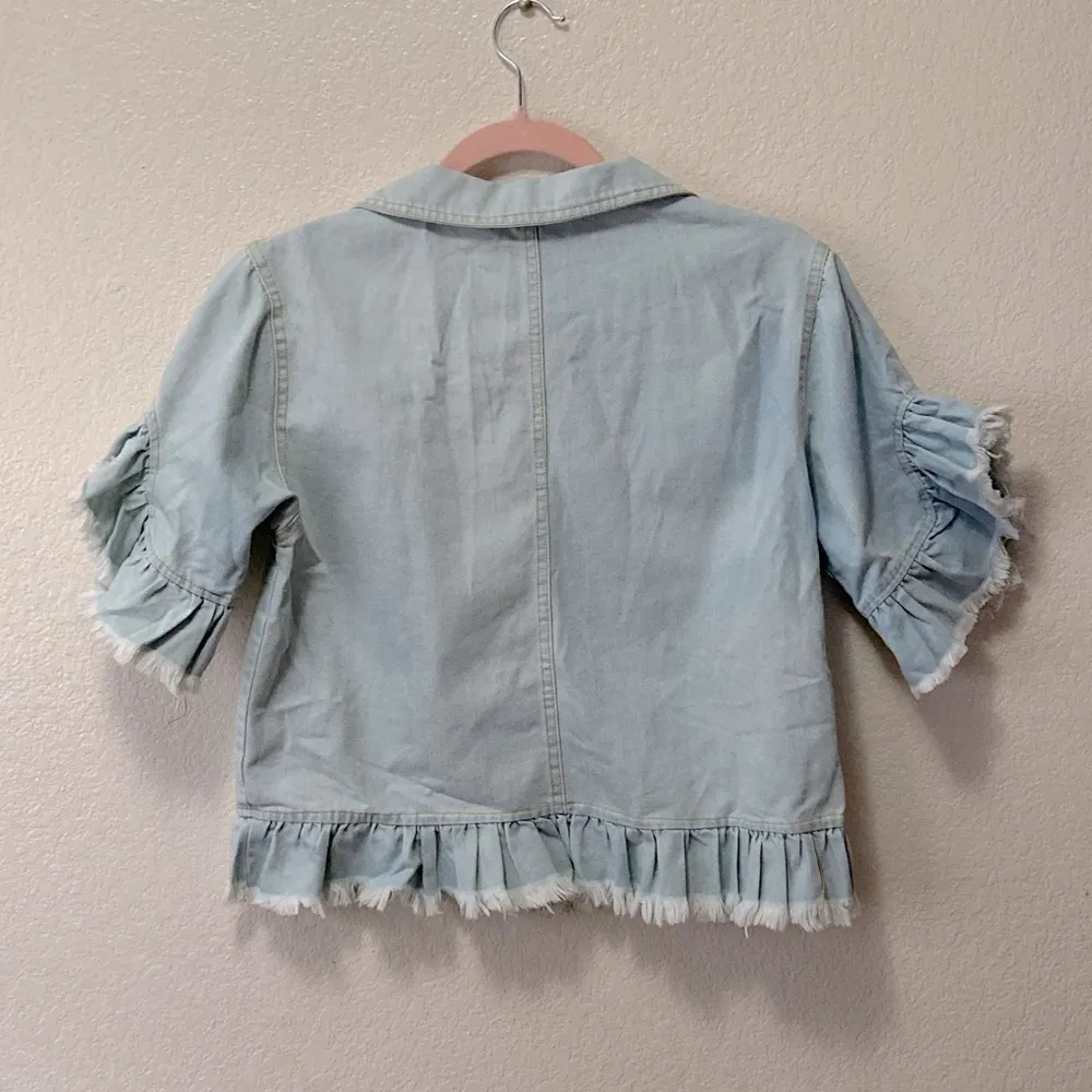 Suvimuga Denim Jacket Button Down Distressed Ruffle Sleeve Crop Jean Jacket! - Image 7