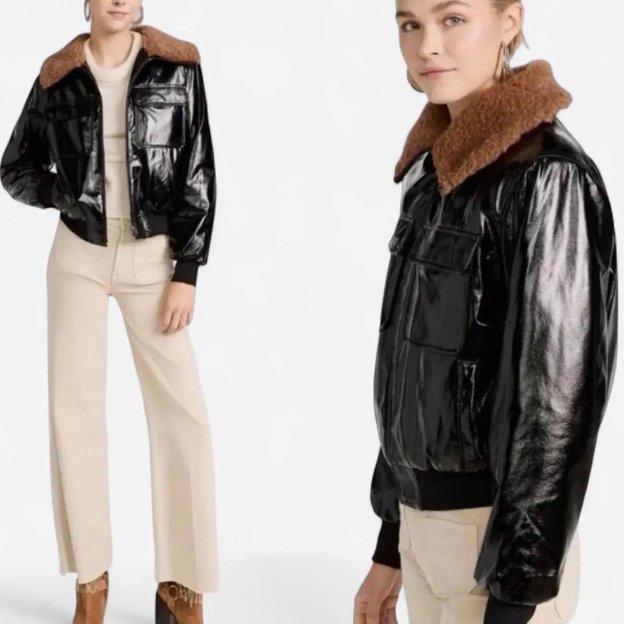 MOTHER “The Pilot” Don’t Crash Patent Faux Leather Bomber Jacket – Size Small Black - Image 2