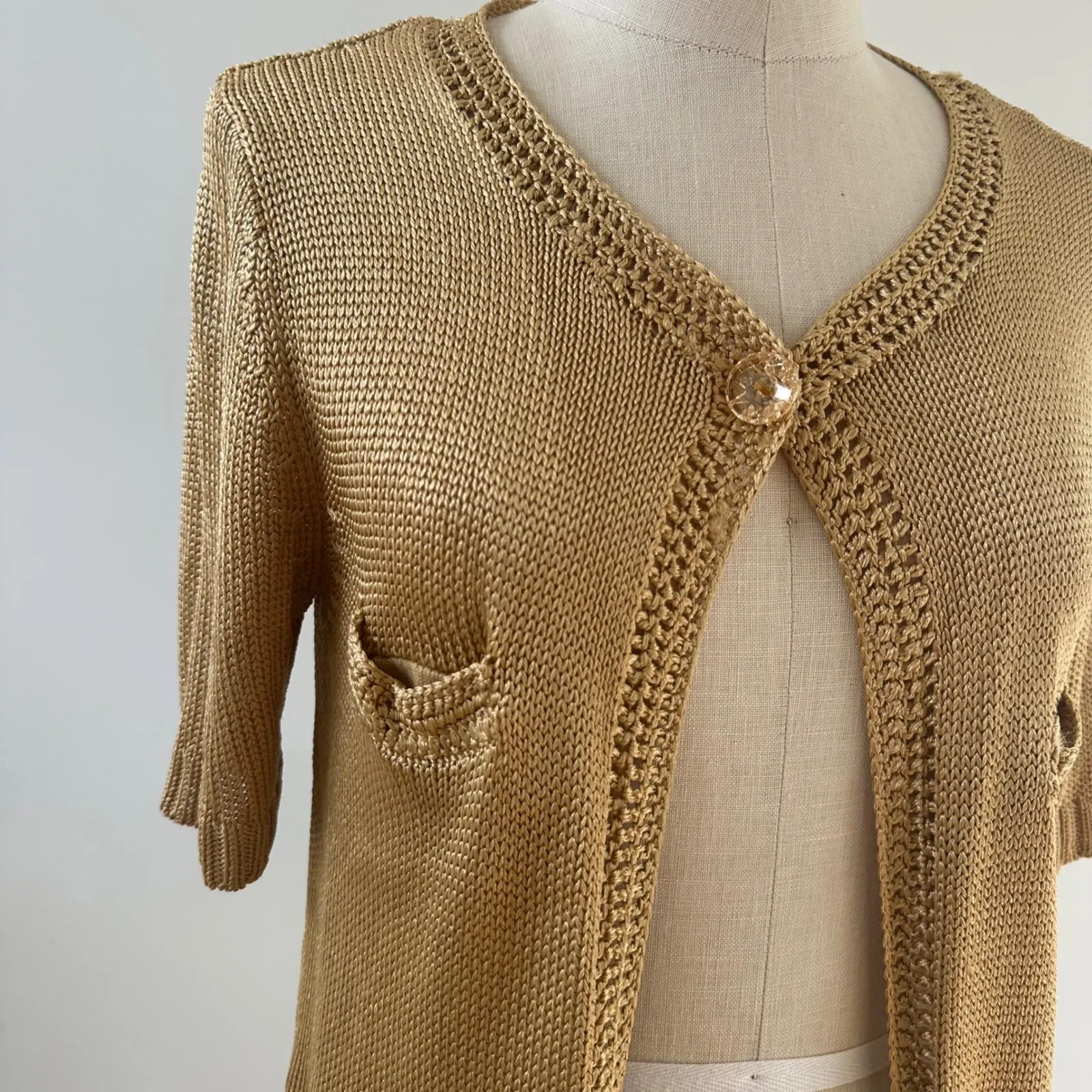 Gold Knit Cardigan Pockets Button Front Metallic Cottagecore Top‎ Size XS - Image 3