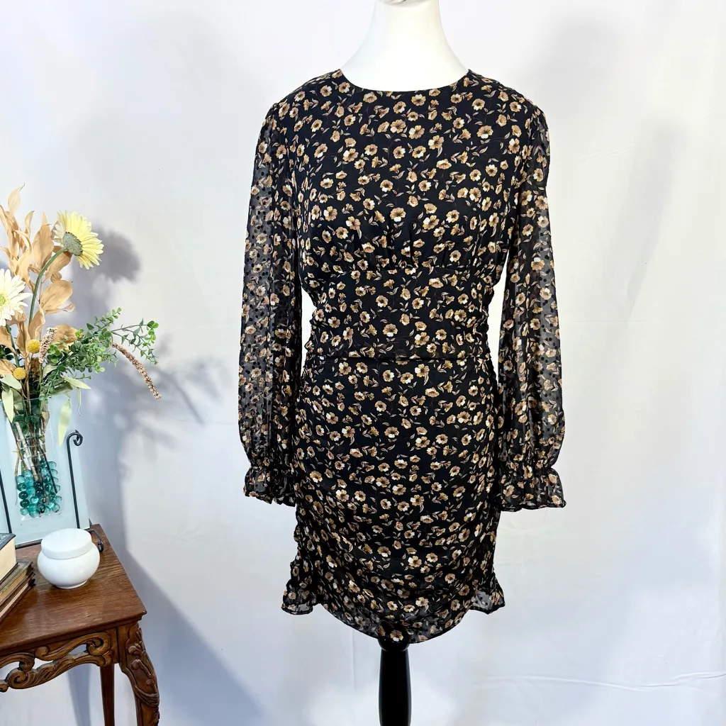 STORIA Swiss Dot Floral Corset-Inspired Ruched Long Sleeve Dress Size Large💛 - Image 2