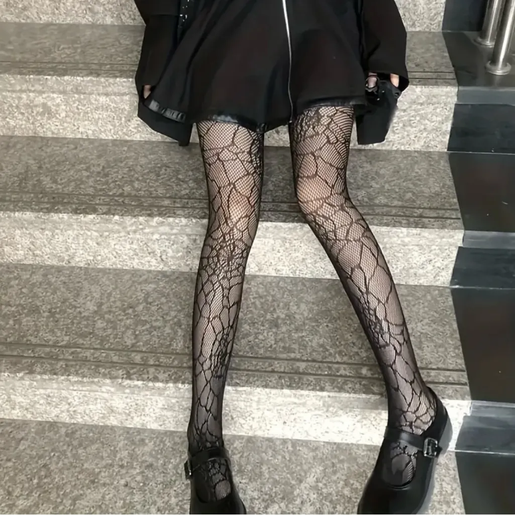 SpiderWeb Pattern Fishnet Tights Hollow Out High Waist Slim Fit Footed Pantyhose Black - Image 9