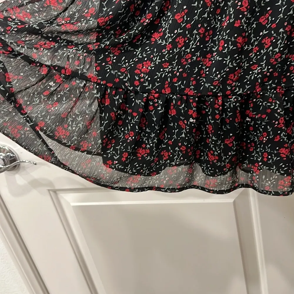 Zara Black Rose Print Bow Tie Collar Mini Dress Womens Size Large Cinch Waist - Image 5