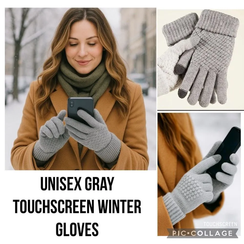 Touchscreen Gloves Unisex Gray Knit Winter Warm - Image 2