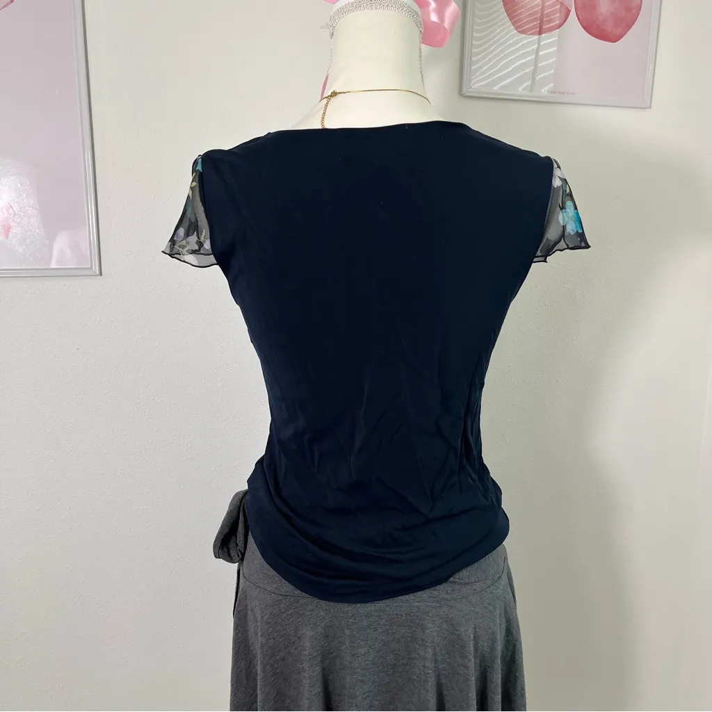 Vintage Y2K Annex Navy Blue Floral‎ Butterfly Sleeve Top Womens Size Small - Image 4