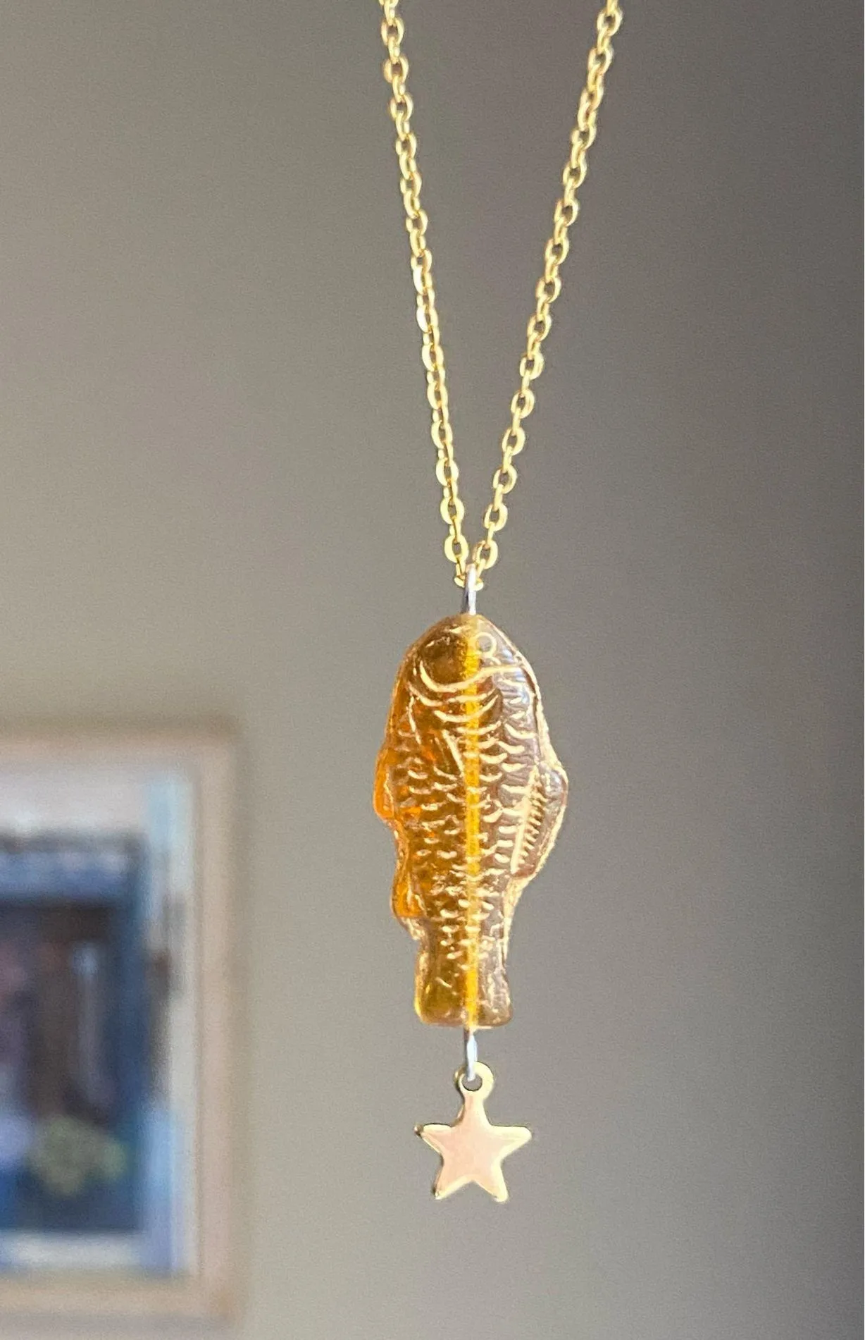 Handmade quality Czech glass amber fish  & star boho funky fairy necklace🌀🐟💚 - Image 2