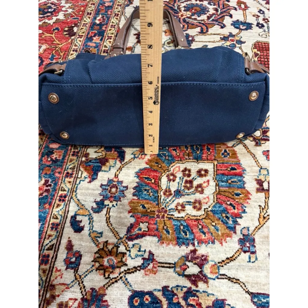 Michael Kors Bedford Navy Canvas Leather Satchel Tote Bag Shoulder Purse MK - Image 3