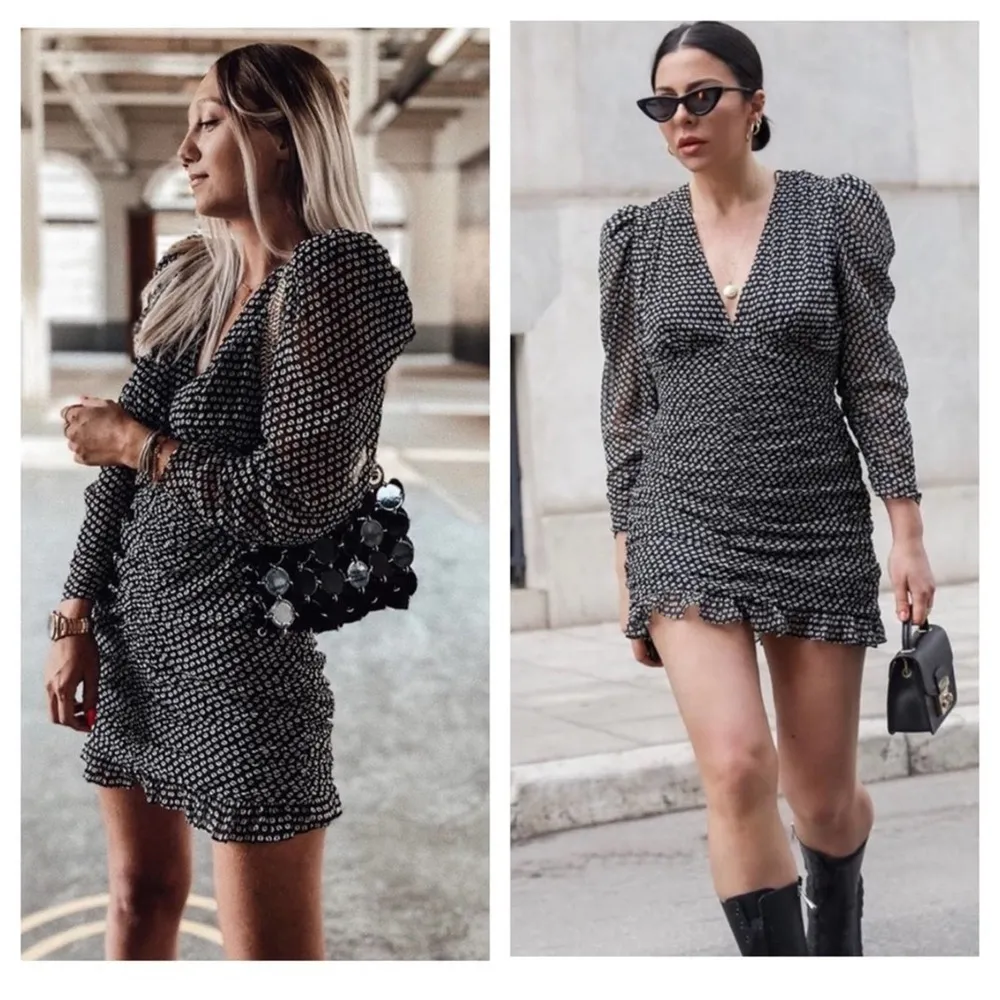 Zara Black Dot Draped Ruched Puff Long Sleeve Mini Dress Large - Image 13