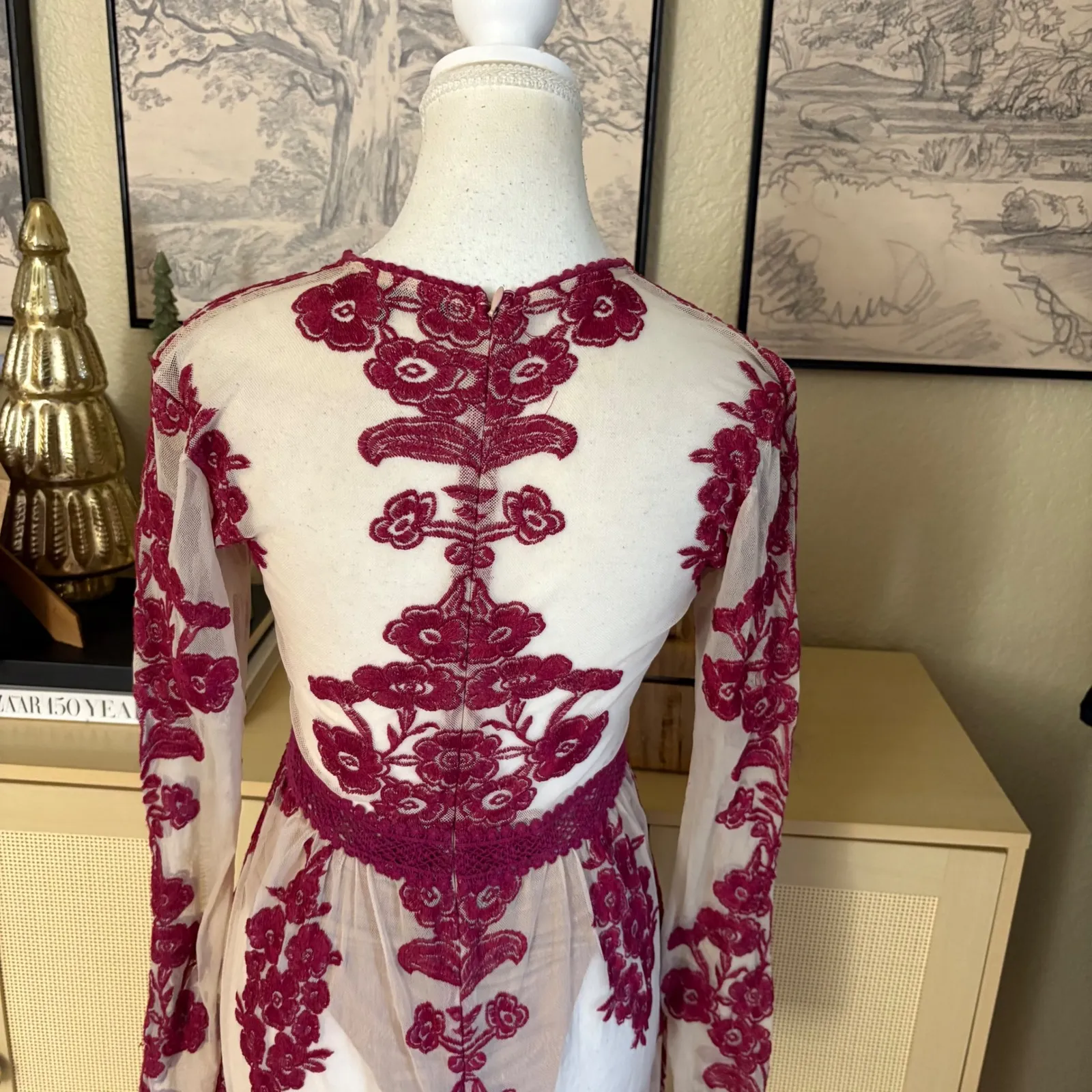 FOR LOVE & LEMONS Floral Temecula Long Sleeve Sheer Maxi Dress Red Size Small - Image 5