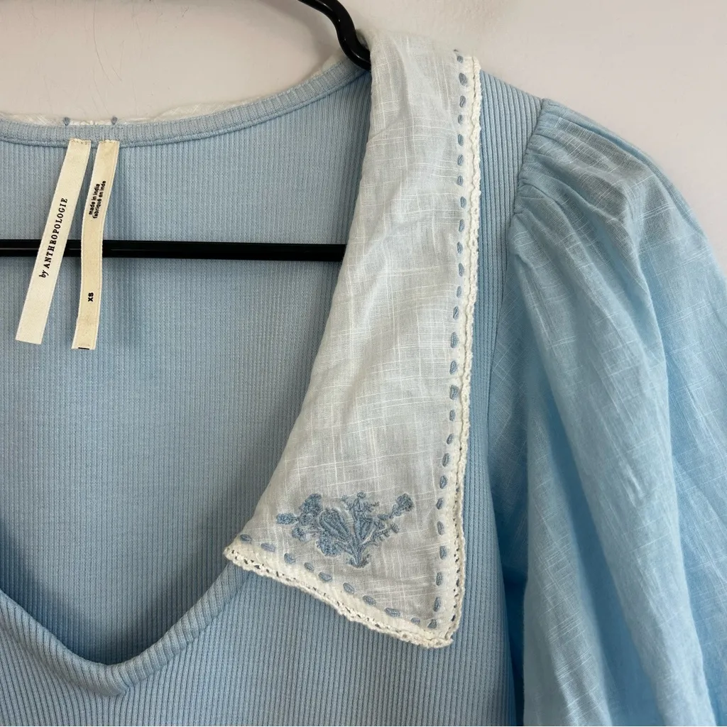 Athropologie Light Blue Embroidered Peter Pan Collar Ribbed Puff Top Blouse XS - Image 6