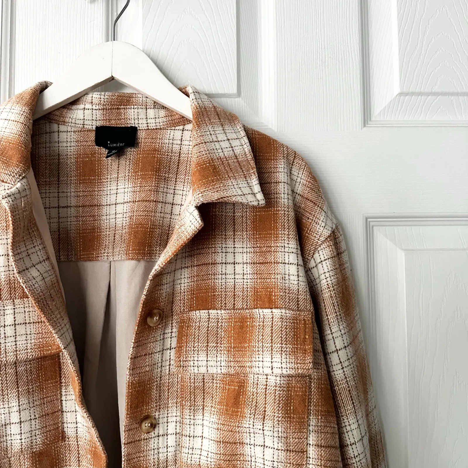 Lumiere Orange Tan White Flannel Plaid Full Button Up Shirt Jacket Boxy Crop M Size M - Image 4