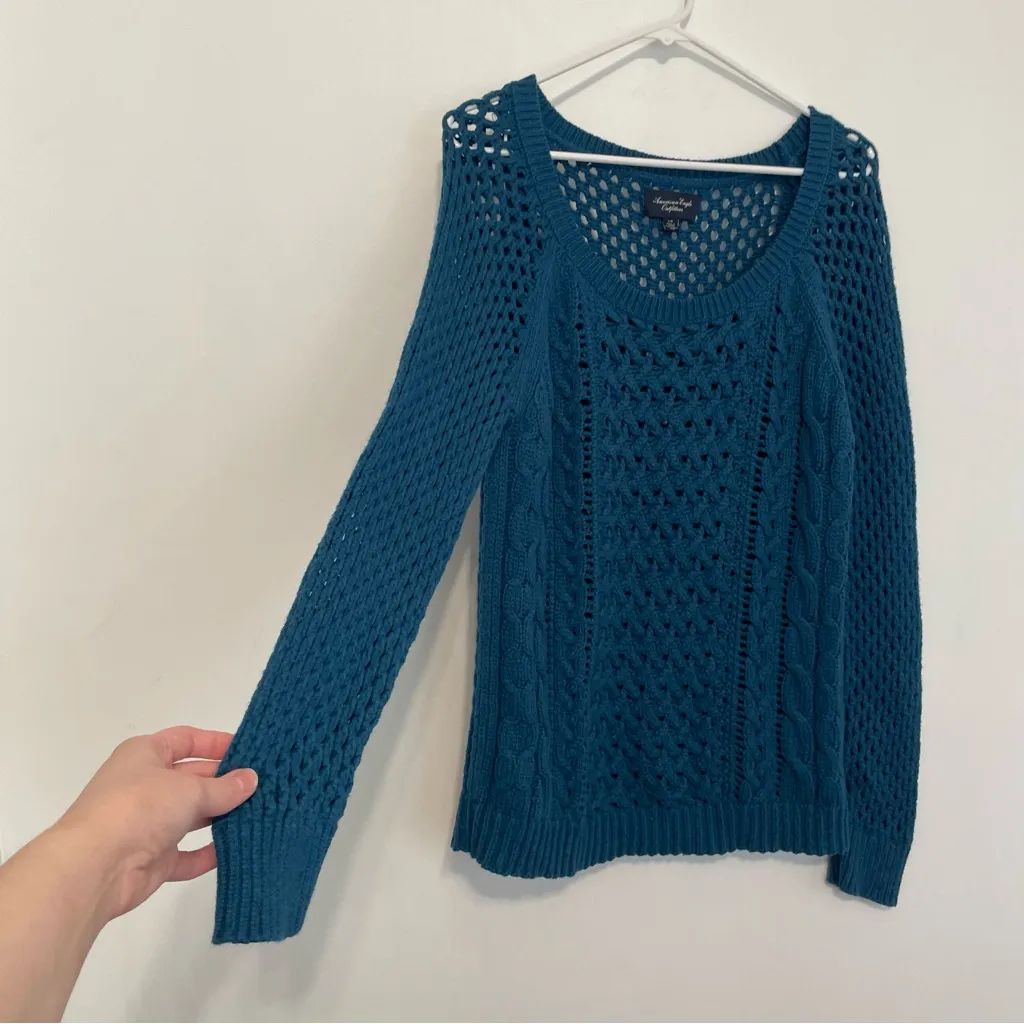AMERICAN EAGLE AEO AE Teal Blue Open Weave Cable Knit Scoop Neck WOOL Sweater L - Image 6