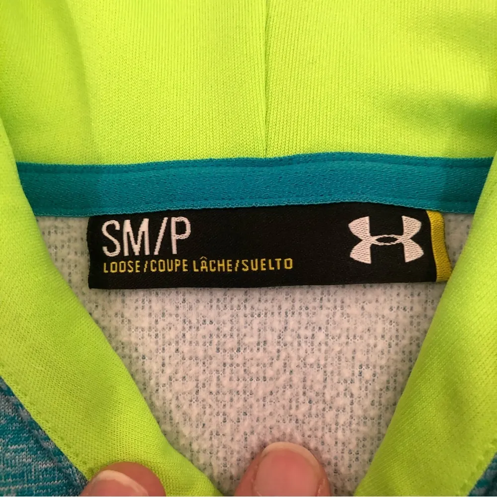 Under Armour Loose Blue Static & Neon Green Athletic Hoodie Sweatshirt Women’s S - Image 4